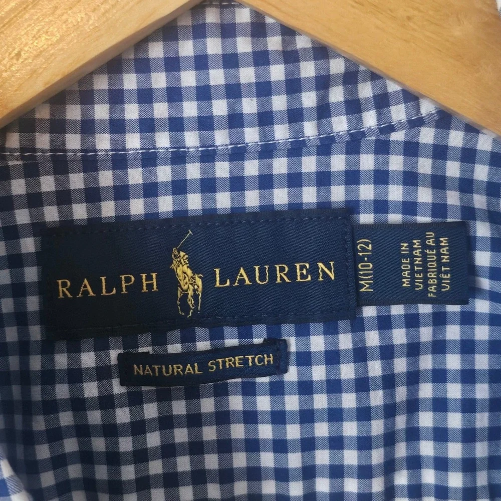 Ralph Lauren Boys M 10-12 Blue White Gingham Natural Stretch Button Down Shirt